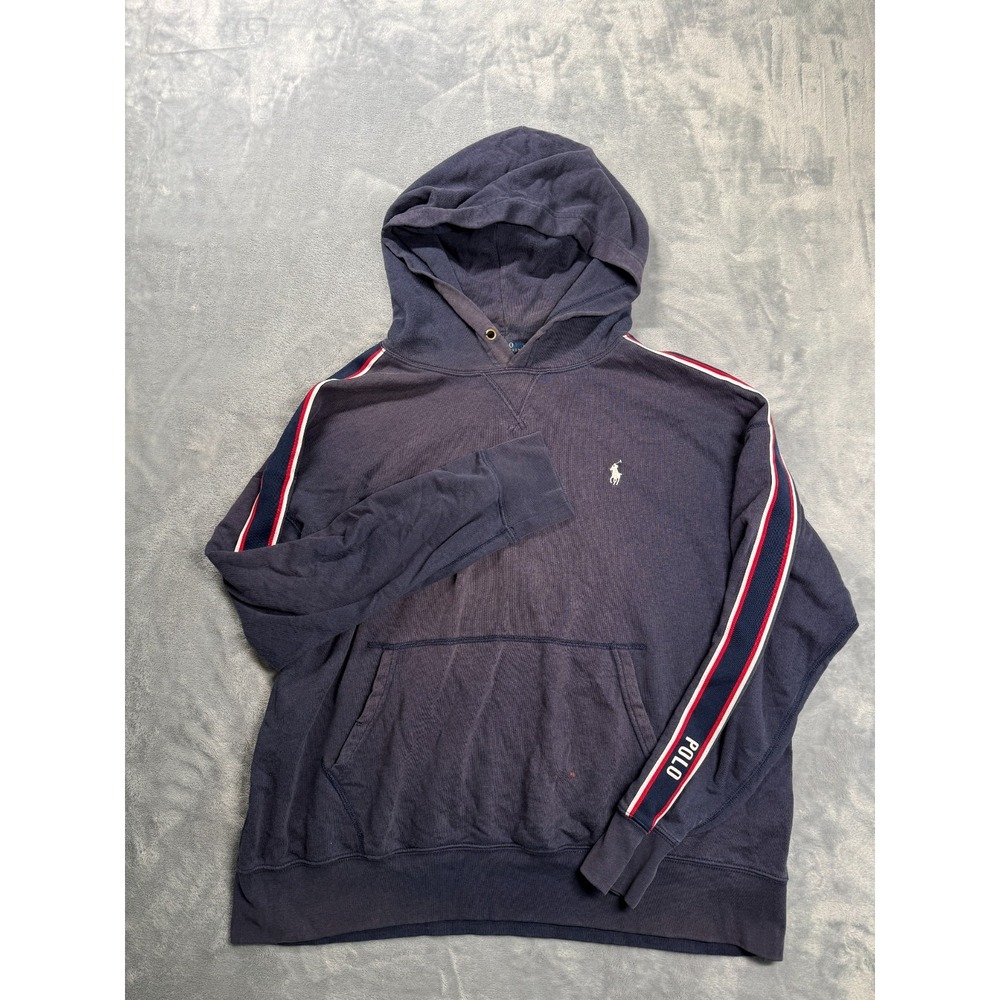 Polo Ralph Lauren Hoodie Mens XL Blue Spellout Stripe Long Sleeve Pullover Logo